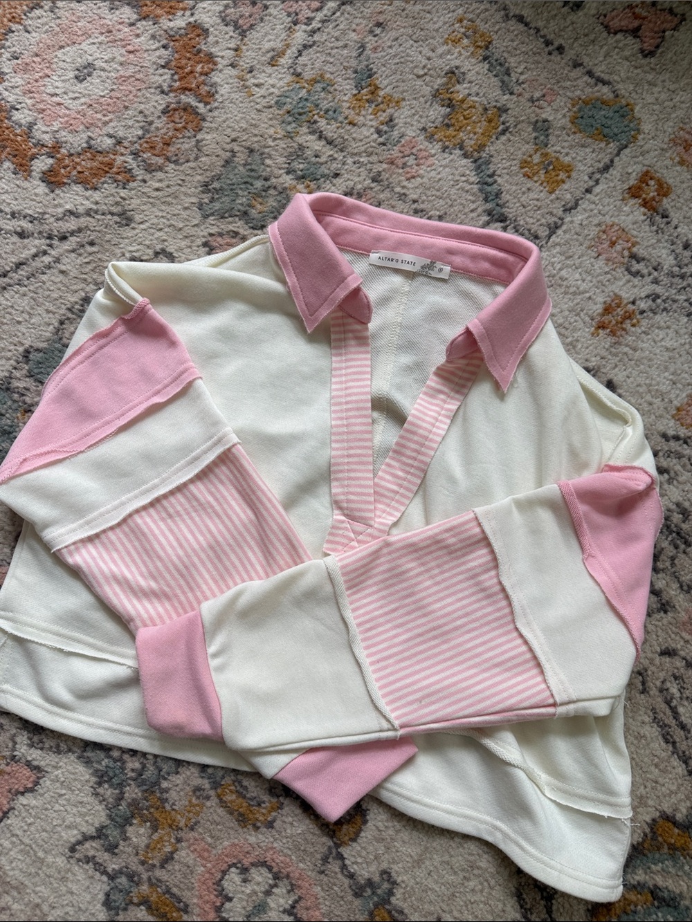 Altar'd State Pink and Cream Striped Collared Sweater
